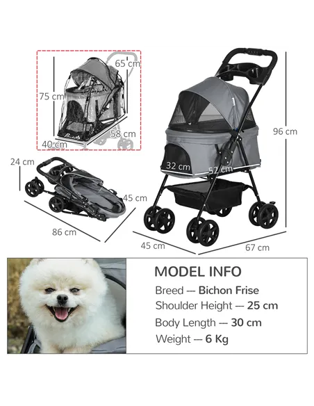 PawHut Dog Stroller with Rain Cover, Dog Pushchair One-Click Fold Trolley Jogger with EVA Wheels Brake Basket Adjustable Canopy 