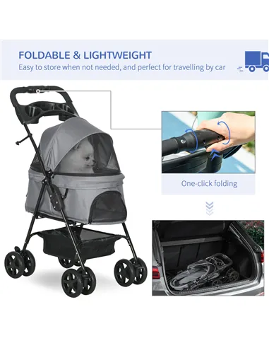PawHut Dog Stroller with Rain Cover, Dog Pushchair One-Click Fold Trolley Jogger with EVA Wheels Brake Basket Adjustable Canopy 