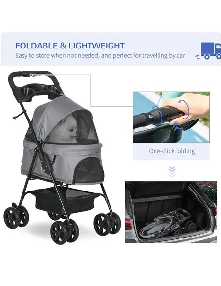 PawHut Dog Stroller with Rain Cover, Dog Pushchair One-Click Fold Trolley Jogger with EVA Wheels Brake Basket Adjustable Canopy 