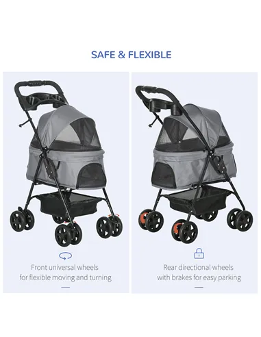 PawHut Dog Stroller with Rain Cover, Dog Pushchair One-Click Fold Trolley Jogger with EVA Wheels Brake Basket Adjustable Canopy 