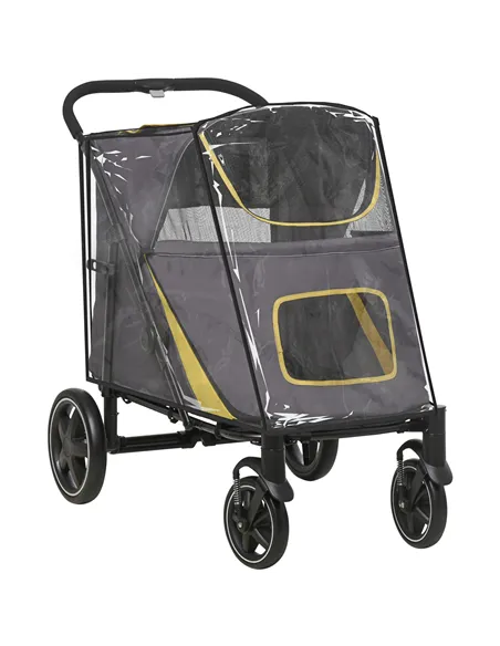 PawHut One-Click Foldable Pet Travel Stroller with Rain Cover, Cat Dog Pushchair with Universal Front Wheels, Shock Absorber, St