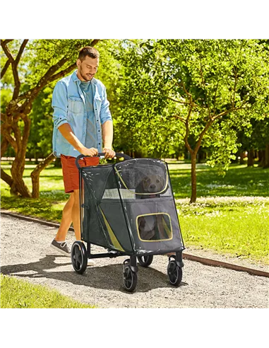 PawHut One-Click Foldable Pet Travel Stroller with Rain Cover, Cat Dog Pushchair with Universal Front Wheels, Shock Absorber, St