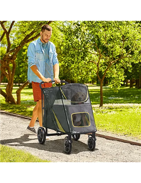 PawHut One-Click Foldable Pet Travel Stroller with Rain Cover, Cat Dog Pushchair with Universal Front Wheels, Shock Absorber, St