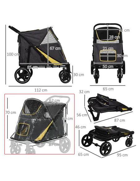 PawHut One-Click Foldable Pet Travel Stroller with Rain Cover, Cat Dog Pushchair with Universal Front Wheels, Shock Absorber, St