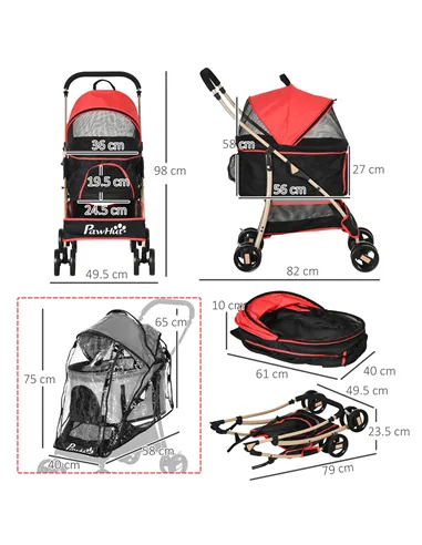 PawHut Detachable Pet Stroller with Rain Cover, 3 In 1 Cat Dog Pushchair, Foldable Carrying Bag w/ Universal Wheels, Brake, Cano