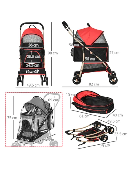 PawHut Detachable Pet Stroller with Rain Cover, 3 In 1 Cat Dog Pushchair, Foldable Carrying Bag w/ Universal Wheels, Brake, Cano
