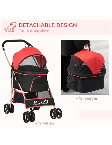 PawHut Detachable Pet Stroller with Rain Cover, 3 In 1 Cat Dog Pushchair, Foldable Carrying Bag w/ Universal Wheels, Brake, Cano