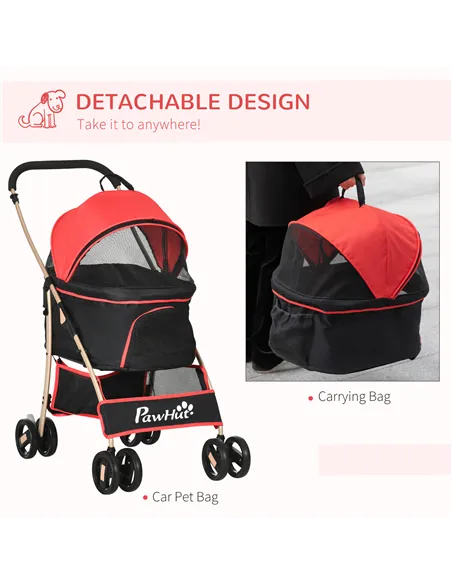 PawHut Detachable Pet Stroller with Rain Cover, 3 In 1 Cat Dog Pushchair, Foldable Carrying Bag w/ Universal Wheels, Brake, Cano
