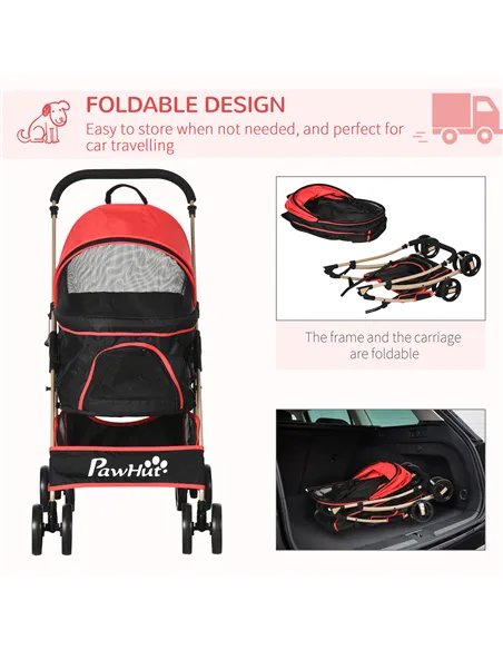 PawHut Detachable Pet Stroller with Rain Cover, 3 In 1 Cat Dog Pushchair, Foldable Carrying Bag w/ Universal Wheels, Brake, Cano