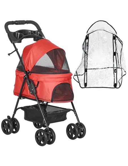 PawHut Dog Stroller with Rain Cover, Dog Pushchair One-Click Fold Trolley Jogger with EVA Wheels Brake Basket Adjustable Canopy 