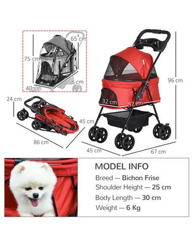 PawHut Dog Stroller with Rain Cover, Dog Pushchair One-Click Fold Trolley Jogger with EVA Wheels Brake Basket Adjustable Canopy 