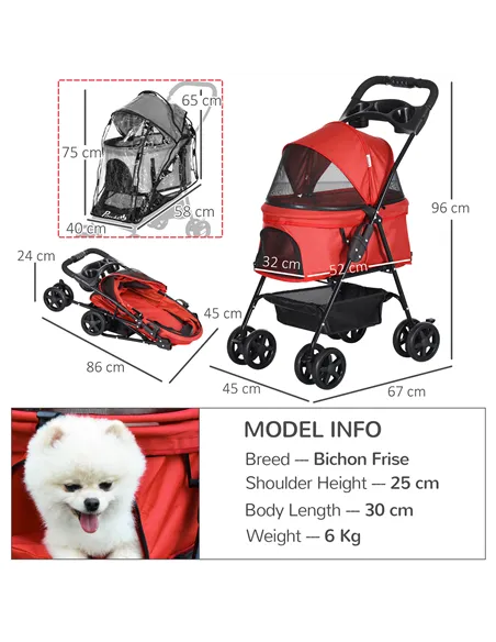 PawHut Dog Stroller with Rain Cover, Dog Pushchair One-Click Fold Trolley Jogger with EVA Wheels Brake Basket Adjustable Canopy 