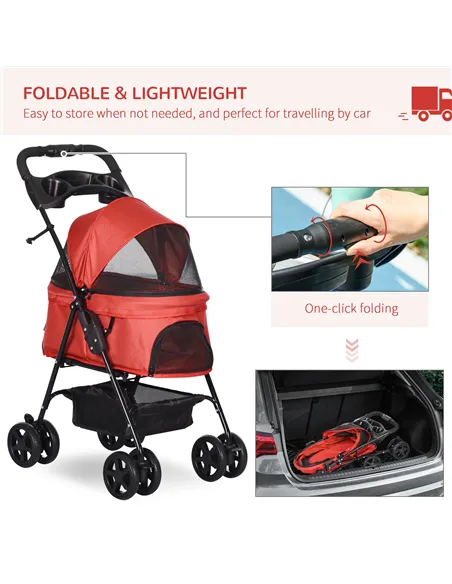 PawHut Dog Stroller with Rain Cover, Dog Pushchair One-Click Fold Trolley Jogger with EVA Wheels Brake Basket Adjustable Canopy 