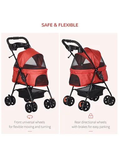 PawHut Dog Stroller with Rain Cover, Dog Pushchair One-Click Fold Trolley Jogger with EVA Wheels Brake Basket Adjustable Canopy 