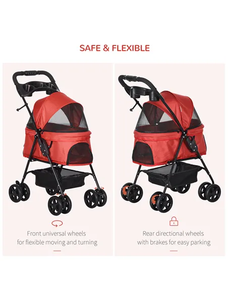 PawHut Dog Stroller with Rain Cover, Dog Pushchair One-Click Fold Trolley Jogger with EVA Wheels Brake Basket Adjustable Canopy 