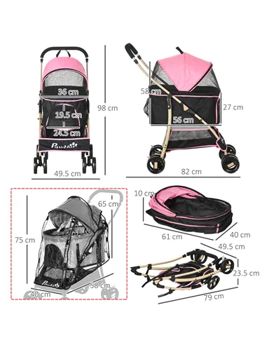PawHut Detachable Pet Stroller with Rain Cover, 3 In 1 Cat Dog Pushchair, Foldable Carrying Bag w/ Universal Wheels, Brake, Cano