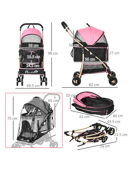 PawHut Detachable Pet Stroller with Rain Cover, 3 In 1 Cat Dog Pushchair, Foldable Carrying Bag w/ Universal Wheels, Brake, Cano