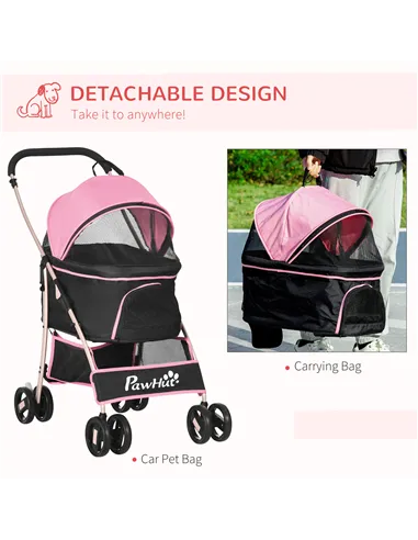 PawHut Detachable Pet Stroller with Rain Cover, 3 In 1 Cat Dog Pushchair, Foldable Carrying Bag w/ Universal Wheels, Brake, Cano