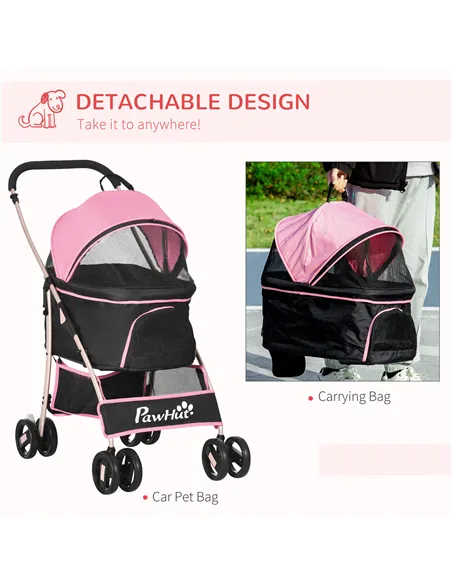 PawHut Detachable Pet Stroller with Rain Cover, 3 In 1 Cat Dog Pushchair, Foldable Carrying Bag w/ Universal Wheels, Brake, Cano