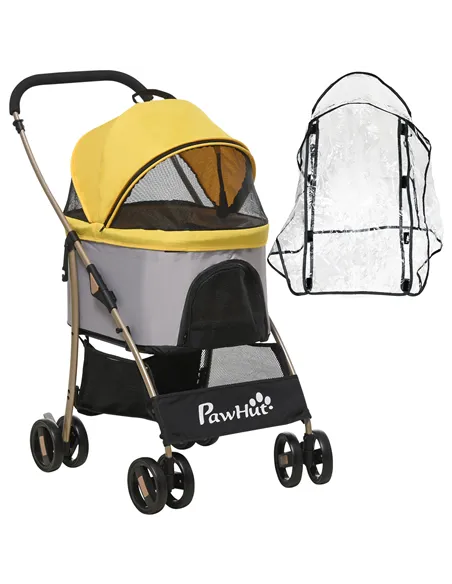 PawHut Detachable Pet Stroller with Rain Cover, 3 In 1 Cat Dog Pushchair, Foldable Carrying Bag w/ Universal Wheels, Brake, Cano