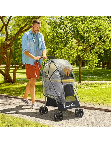 PawHut Detachable Pet Stroller with Rain Cover, 3 In 1 Cat Dog Pushchair, Foldable Carrying Bag w/ Universal Wheels, Brake, Cano
