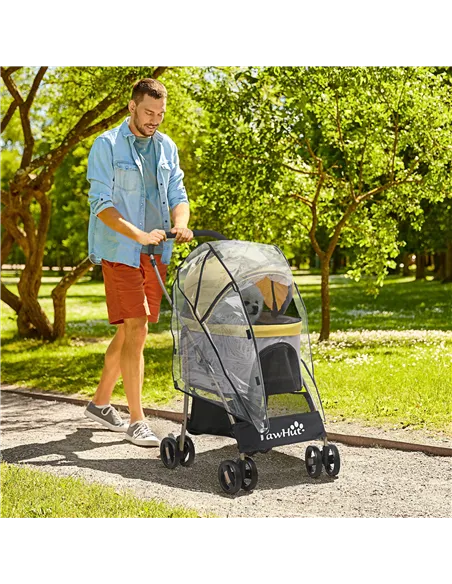 PawHut Detachable Pet Stroller with Rain Cover, 3 In 1 Cat Dog Pushchair, Foldable Carrying Bag w/ Universal Wheels, Brake, Cano