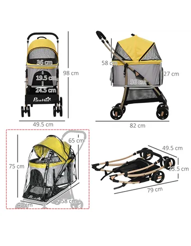 PawHut Detachable Pet Stroller with Rain Cover, 3 In 1 Cat Dog Pushchair, Foldable Carrying Bag w/ Universal Wheels, Brake, Cano