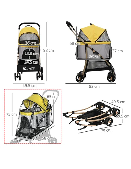 PawHut Detachable Pet Stroller with Rain Cover, 3 In 1 Cat Dog Pushchair, Foldable Carrying Bag w/ Universal Wheels, Brake, Cano