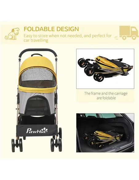 PawHut Detachable Pet Stroller with Rain Cover, 3 In 1 Cat Dog Pushchair, Foldable Carrying Bag w/ Universal Wheels, Brake, Cano