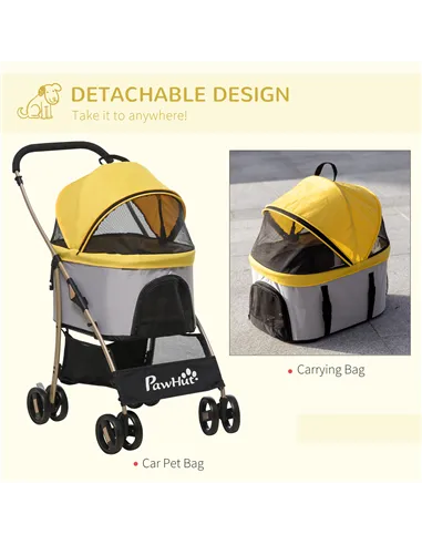 PawHut Detachable Pet Stroller with Rain Cover, 3 In 1 Cat Dog Pushchair, Foldable Carrying Bag w/ Universal Wheels, Brake, Cano