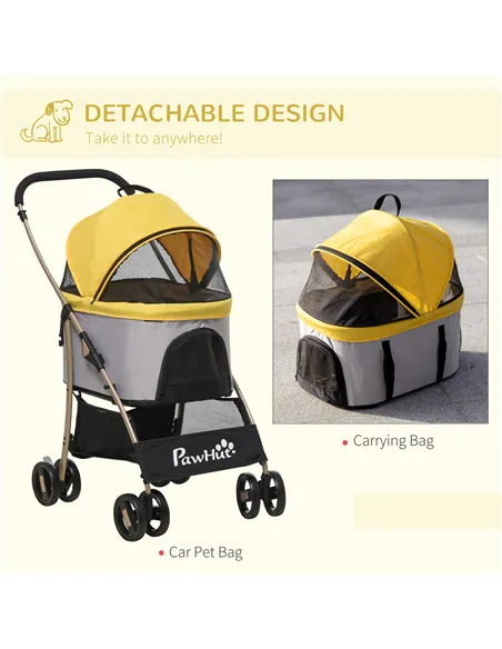 PawHut Detachable Pet Stroller with Rain Cover, 3 In 1 Cat Dog Pushchair, Foldable Carrying Bag w/ Universal Wheels, Brake, Cano