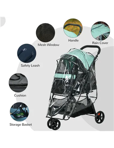 PawHut Foldable Pet Stroller w/ Rain Cover, for XS Dogs, S Dogs - Green