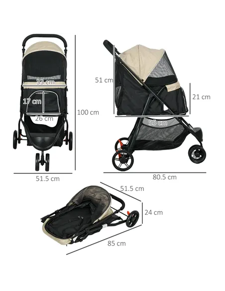 PawHut Foldable Pet Stroller w/ Rain Cover, for XS Dogs, S Dogs - Khaki