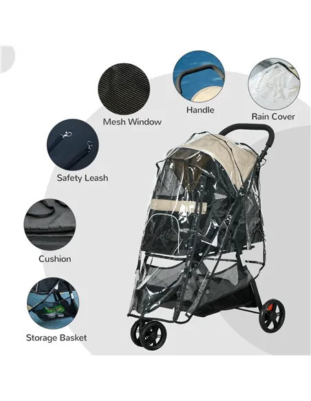 PawHut Foldable Pet Stroller w/ Rain Cover, for XS Dogs, S Dogs - Khaki