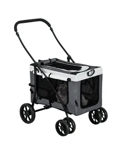 PawHut Foldable Dog Stroller, Pet Travel Crate, with Detachable Carrier, Soft Padding, for Mini, Small Dogs - Grey