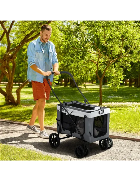 PawHut Foldable Dog Stroller, Pet Travel Crate, with Detachable Carrier, Soft Padding, for Mini, Small Dogs - Grey