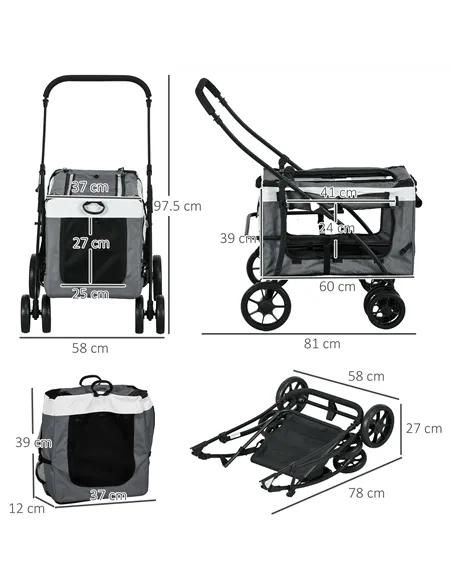 PawHut Foldable Dog Stroller, Pet Travel Crate, with Detachable Carrier, Soft Padding, for Mini, Small Dogs - Grey