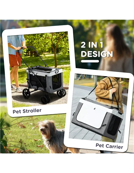 PawHut Foldable Dog Stroller, Pet Travel Crate, with Detachable Carrier, Soft Padding, for Mini, Small Dogs - Grey