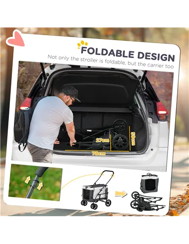 PawHut Foldable Dog Stroller, Pet Travel Crate, with Detachable Carrier, Soft Padding, for Mini, Small Dogs - Grey