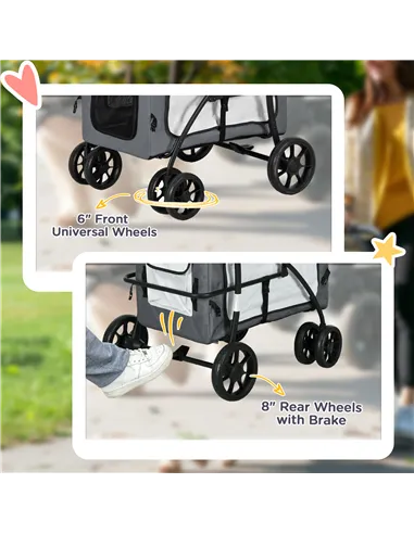 PawHut Foldable Dog Stroller, Pet Travel Crate, with Detachable Carrier, Soft Padding, for Mini, Small Dogs - Grey