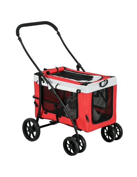 PawHut Foldable Dog Stroller, Pet Travel Crate, with Detachable Carrier, Soft Padding, for Mini, Small Dogs - Red