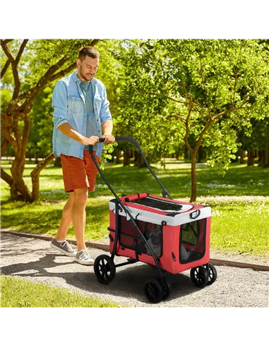 PawHut Foldable Dog Stroller, Pet Travel Crate, with Detachable Carrier, Soft Padding, for Mini, Small Dogs - Red