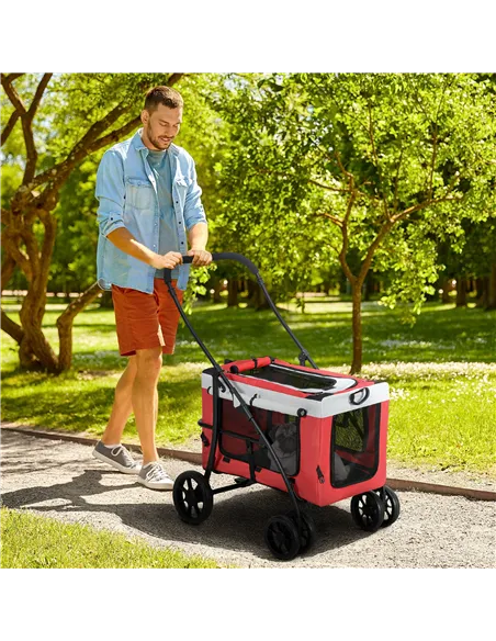 PawHut Foldable Dog Stroller, Pet Travel Crate, with Detachable Carrier, Soft Padding, for Mini, Small Dogs - Red