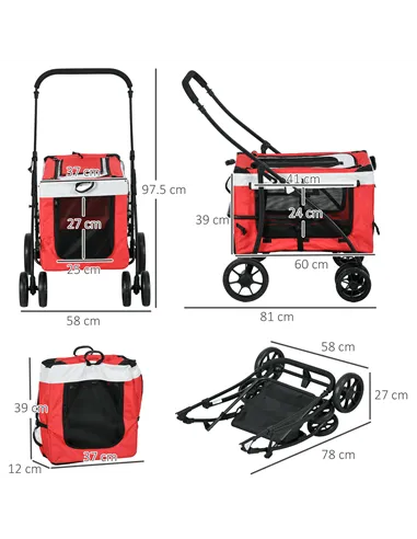 PawHut Foldable Dog Stroller, Pet Travel Crate, with Detachable Carrier, Soft Padding, for Mini, Small Dogs - Red