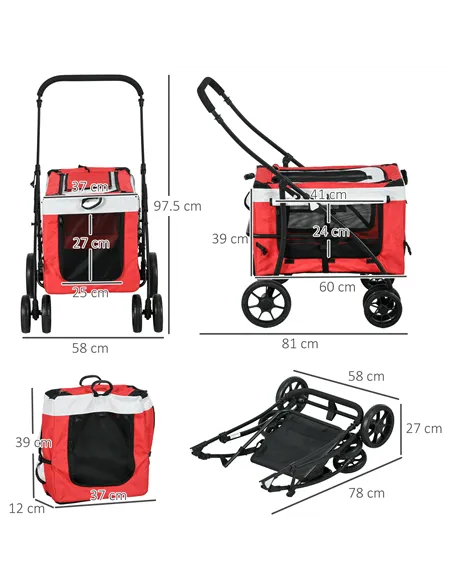 PawHut Foldable Dog Stroller, Pet Travel Crate, with Detachable Carrier, Soft Padding, for Mini, Small Dogs - Red
