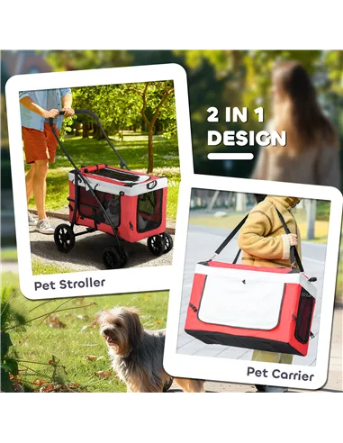 PawHut Foldable Dog Stroller, Pet Travel Crate, with Detachable Carrier, Soft Padding, for Mini, Small Dogs - Red