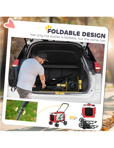 PawHut Foldable Dog Stroller, Pet Travel Crate, with Detachable Carrier, Soft Padding, for Mini, Small Dogs - Red