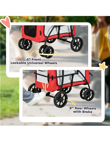 PawHut Foldable Dog Stroller, Pet Travel Crate, with Detachable Carrier, Soft Padding, for Mini, Small Dogs - Red