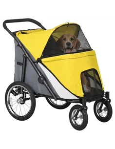PawHut Foldable Pet Stroller, with Washable Cushion, Storage Bags, Safety Leash, for Medium, Large Dogs, Cats - Yellow