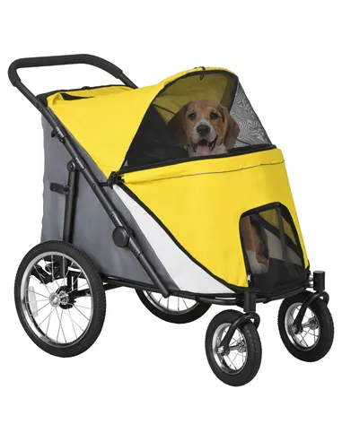 PawHut Foldable Pet Stroller, with Washable Cushion, Storage Bags, Safety Leash, for Medium, Large Dogs, Cats - Yellow